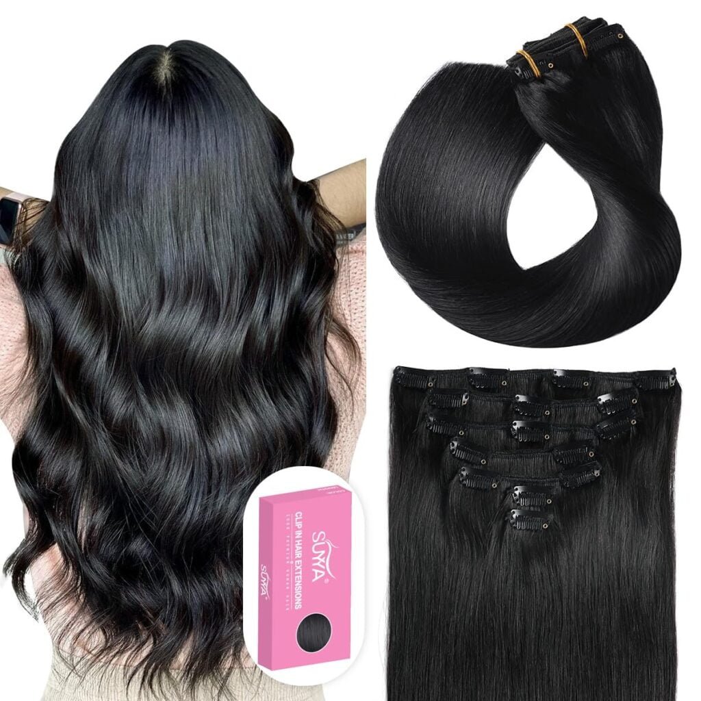 SUYYA Hair Extensions Clip ins,14 inch 7pcs 110g Jet Black Clip in Hair Extensions Human Hair Straight Clip in Hair Extensions Real Human Hair Double Weft (14 inches #1 Jet black)