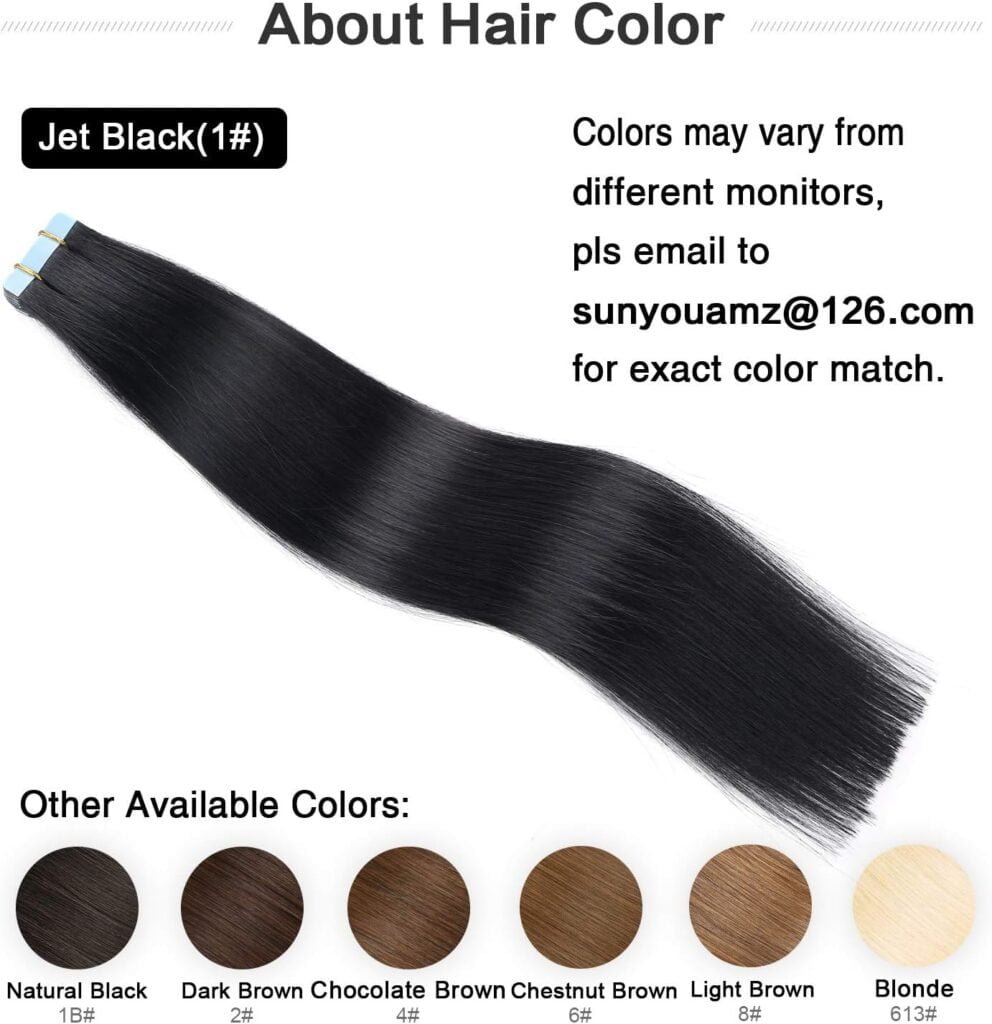 SUYYA Tape in Hair Extensions Human Hair 18 inches 50g/pack 20pcs Straight Seamless Skin Weft Jet Black Tape Hair Extensions (18 inches #1 Jet Black)