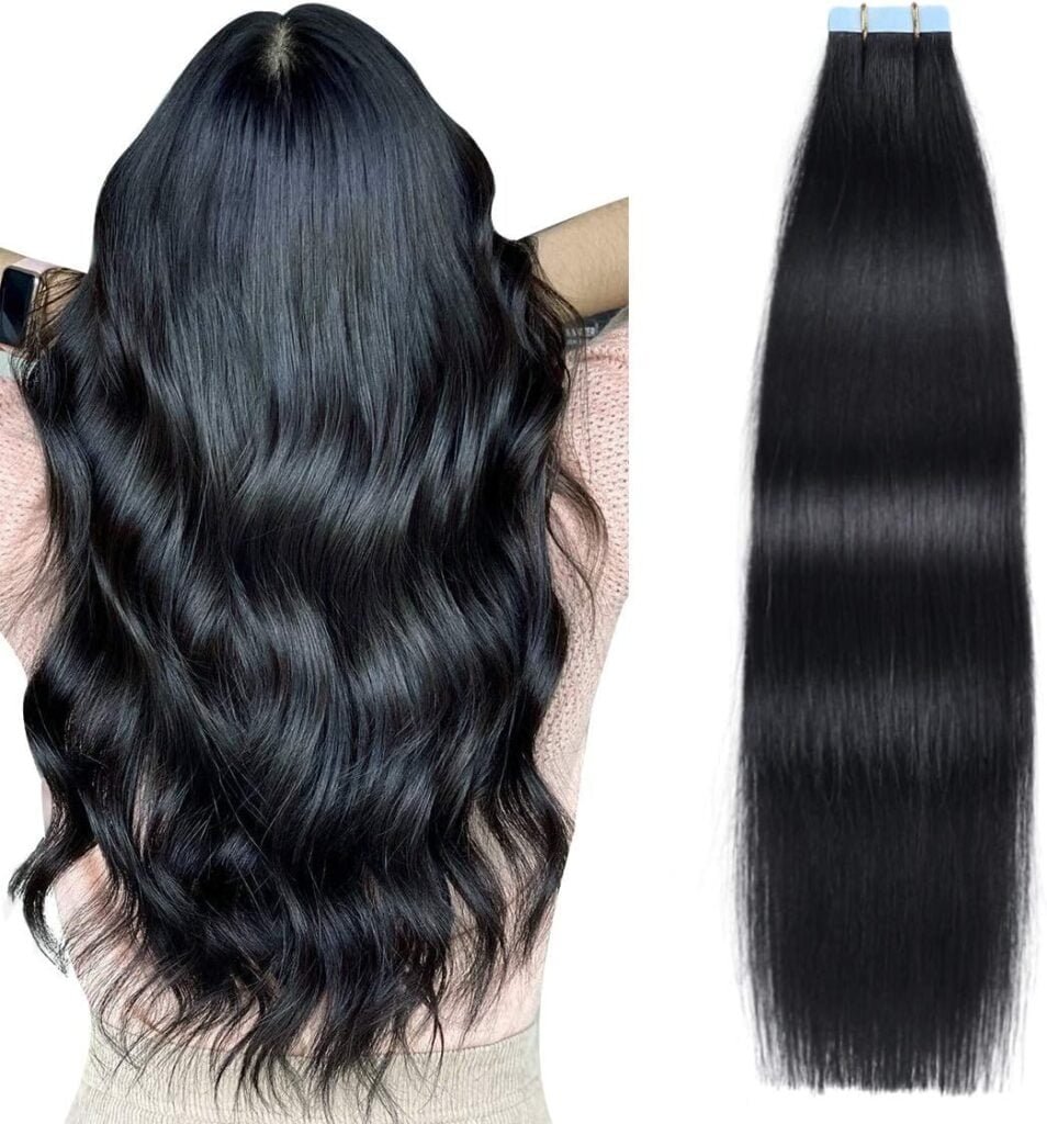 SUYYA Tape in Hair Extensions Human Hair 18 inches 50g/pack 20pcs Straight Seamless Skin Weft Jet Black Tape Hair Extensions (18 inches #1 Jet Black)