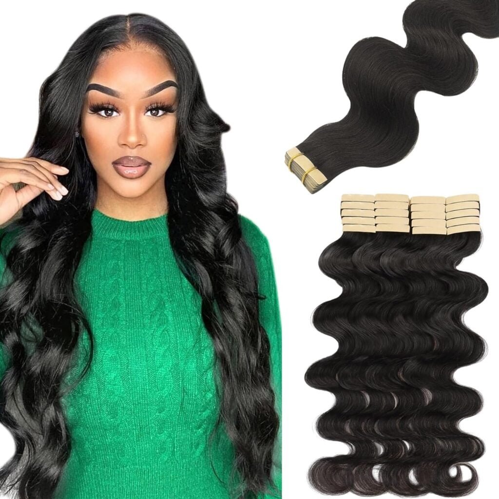 Tape in Hair Extensions Human Hair Body Wave 100% Remy Human Hair 16 Inch 50g/pack 20pcs Tape for Hair Extensions Natural Black Extensions for Black Women