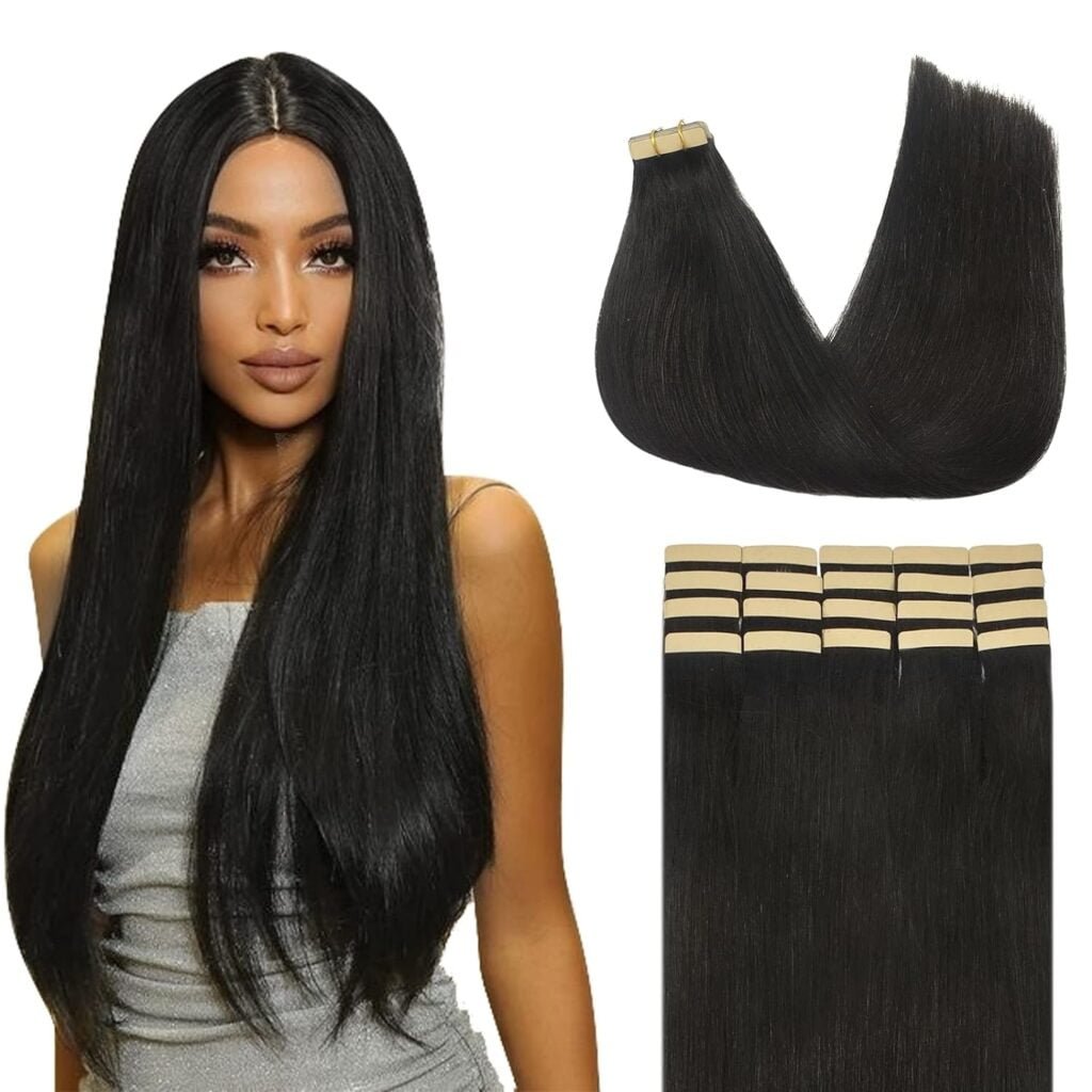 Tape in Hair Extensions Human Hair Body Wave 100% Remy Human Hair 16 Inch 50g/pack 20pcs Tape for Hair Extensions Natural Black Extensions for Black Women