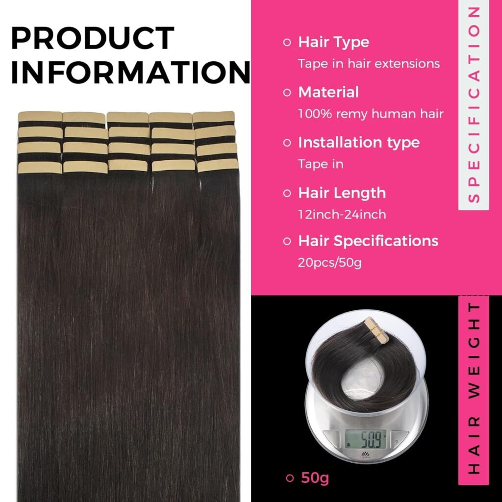 Tape in Hair Extensions Human Hair Body Wave 100% Remy Human Hair 16 Inch 50g/pack 20pcs Tape for Hair Extensions Natural Black Extensions for Black Women