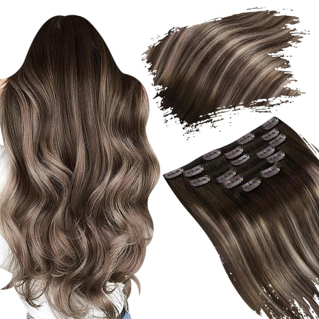 Ugeat Hair Clip in Human Hair Extensions 18 inch Clip in Remy Hair Extensions Human Hair Brown Mix Ash Blonde Human Hair Clip in Extensions Brown 7pcs 120g(105g Hair+15g Clips)