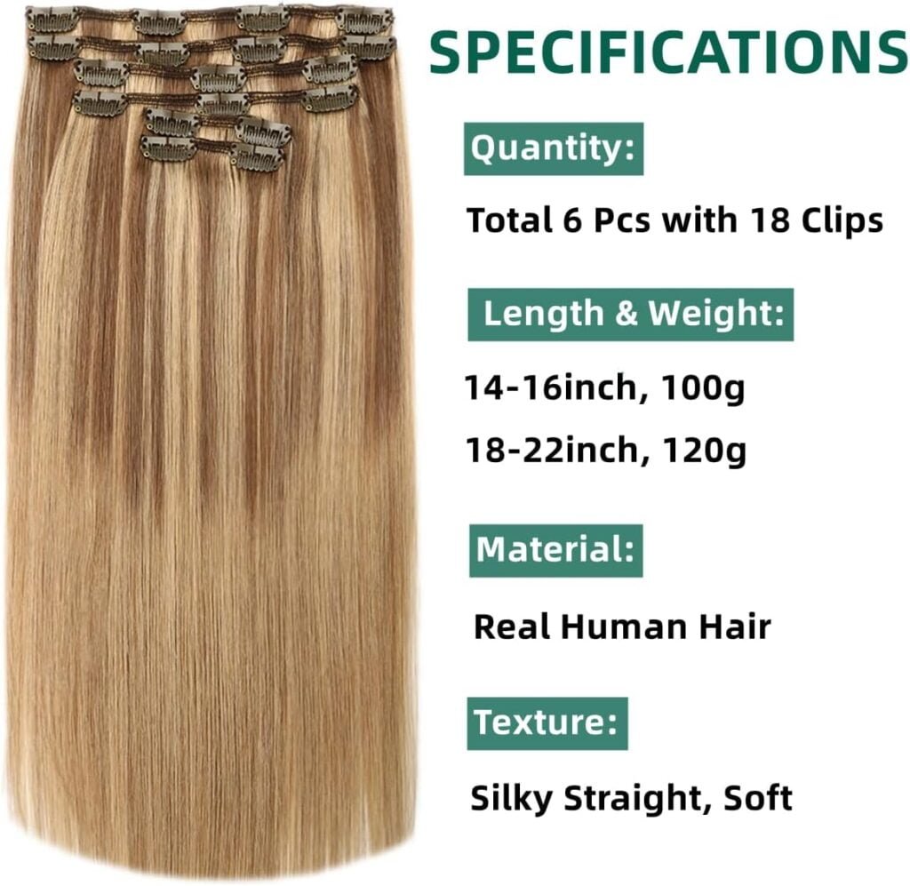 VINBAO Clip in Hair Extensions Human Remy Hair 20 Inch 6pcs 120g Balayage Ash Brown to Caramel Blonde Hair Extensions Clip in Human Hair Extensions(#10/16/16,20)