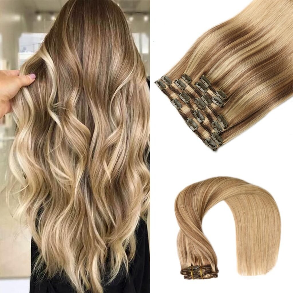 VINBAO Clip in Hair Extensions Human Remy Hair 20 Inch 6pcs 120g Balayage Ash Brown to Caramel Blonde Hair Extensions Clip in Human Hair Extensions(#10/16/16,20)