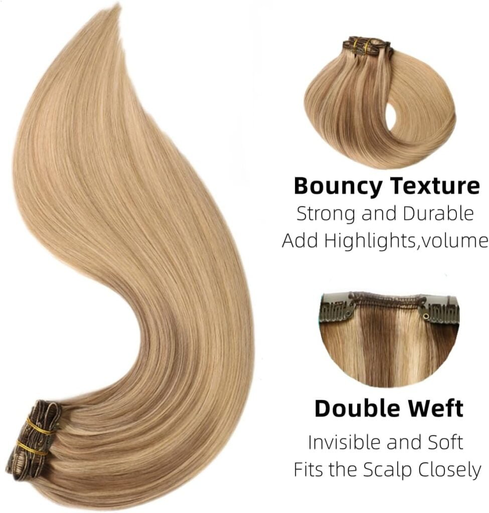 VINBAO Clip in Hair Extensions Human Remy Hair 20 Inch 6pcs 120g Balayage Ash Brown to Caramel Blonde Hair Extensions Clip in Human Hair Extensions(#10/16/16,20)