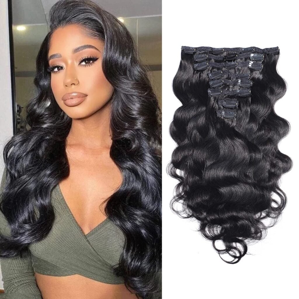 Wavy Clip ins Hair Extensions Human Hair, 18 Natural Black Body Wave Clip in Remy Human Hair Extensions for Women