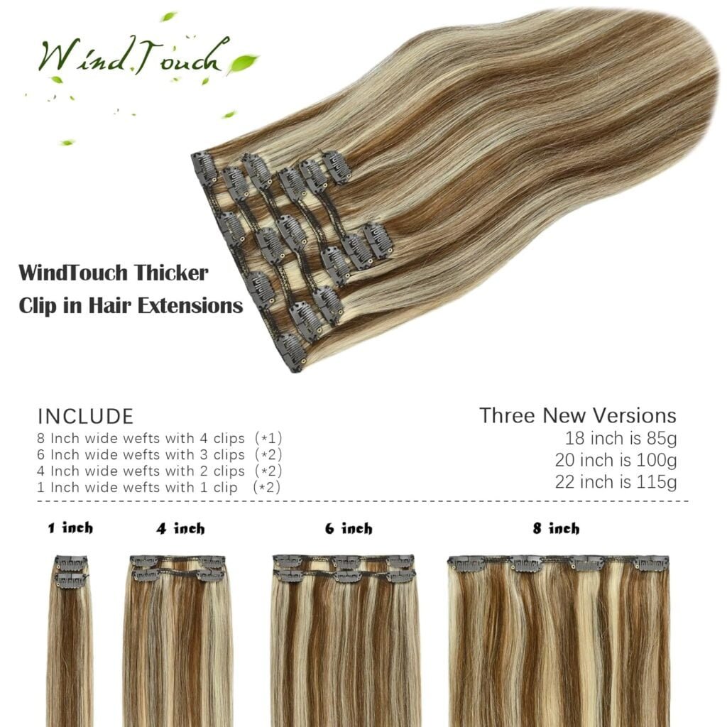 WindTouch Clip In Hair Extensions Human Hair Mixed Bleach Blonde 18Inch 70g Hair Extensions for Women Remy Hair Extensions #18p613 7PCS