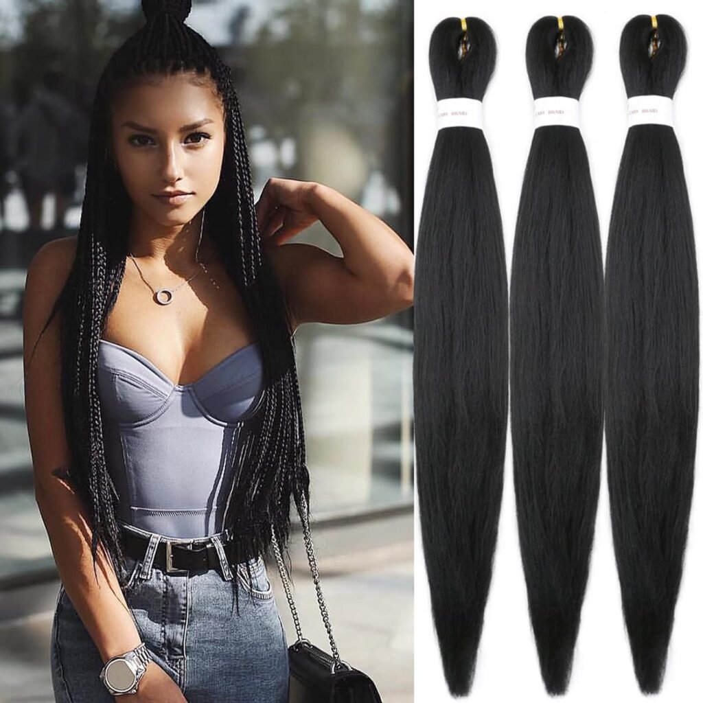 XGY 3 packs Natural Black Braiding Hair Pre Stretched 16 inch Prestretched Knotless Kanekalon Hair Soft Straight Synthetic Box Braids Yaki Texture Hot Water Setting Hair Extensions