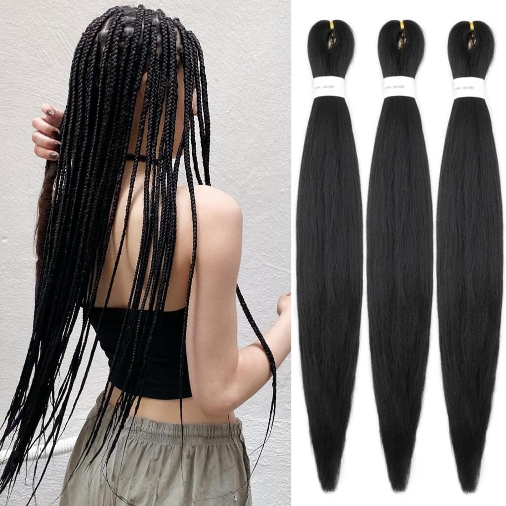XGY 3 packs Natural Black Braiding Hair Pre Stretched 16 inch Prestretched Knotless Kanekalon Hair Soft Straight Synthetic Box Braids Yaki Texture Hot Water Setting Hair Extensions