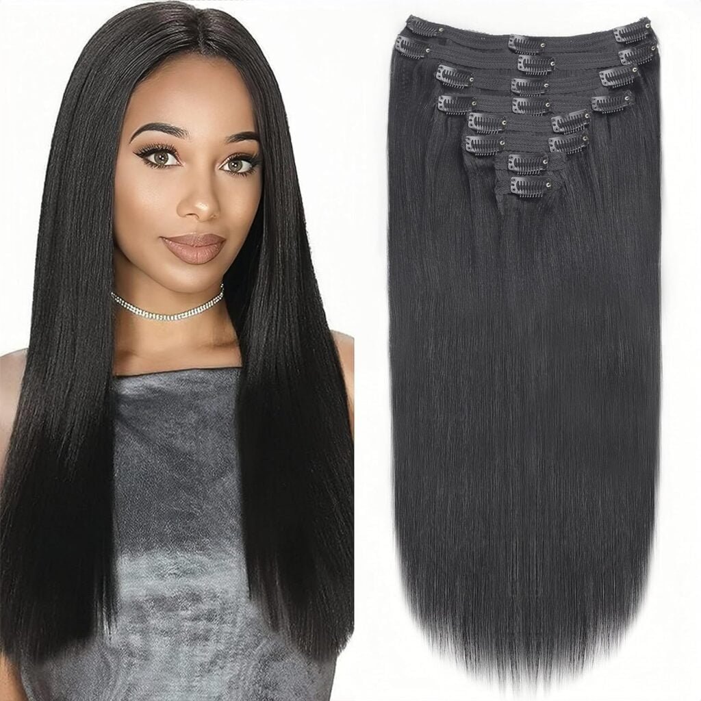 Yaki Straight Clip in Hair Extensions for Black Women Brazilian Virgin Human Hair Kinky Straight Clip in Extensions 8Pcs with 18 Clips Double Lace Weft 120Gram(20inch, Natural Black)