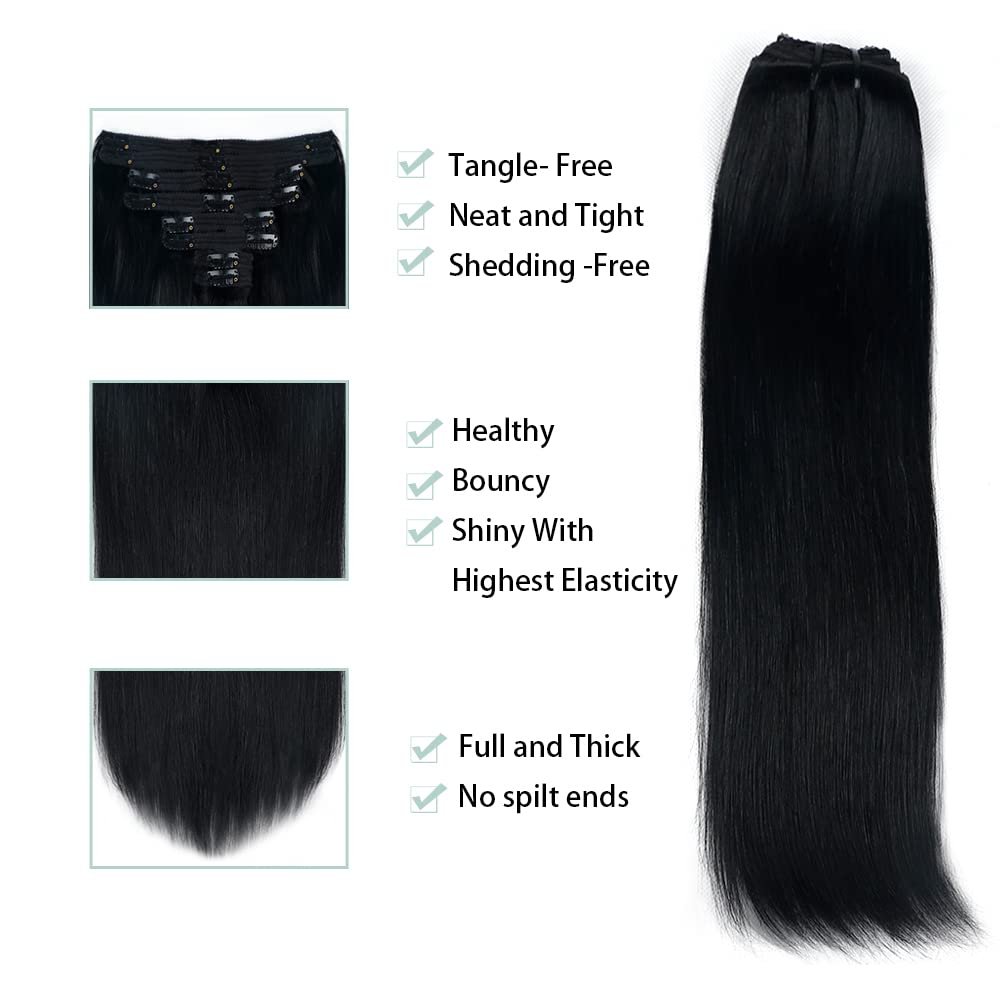 Yaki Straight Clip in Hair Extensions for Black Women Brazilian Virgin Human Hair Kinky Straight Clip in Extensions 8Pcs with 18 Clips Double Lace Weft 120Gram(20inch, Natural Black)