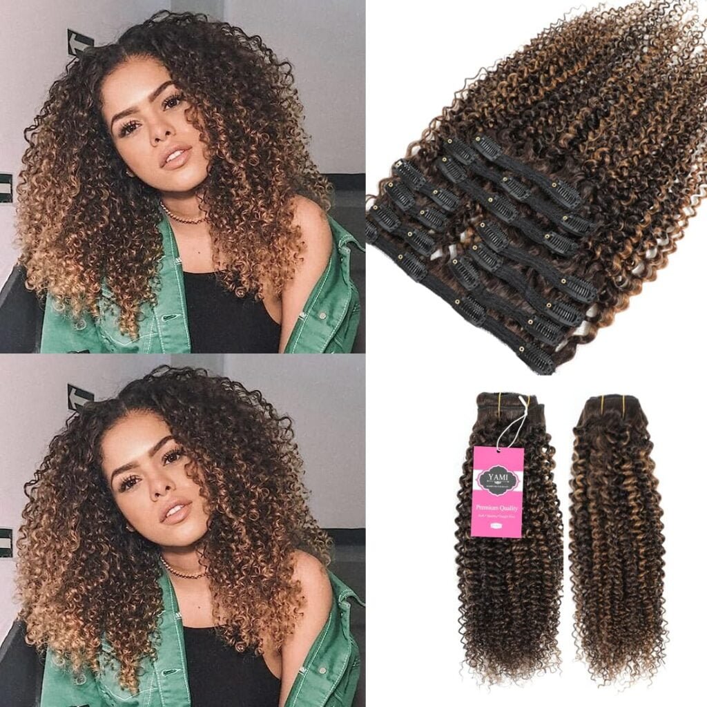 YAMI Kinky Curly Clip in Hair Extensions，10Pcs Clips Triple Weft Brazilian Remy Human Hair 3C 4A curly Clip in Extensions 120g Afro Kinky Curly Clip ins for Black Women（10inch)