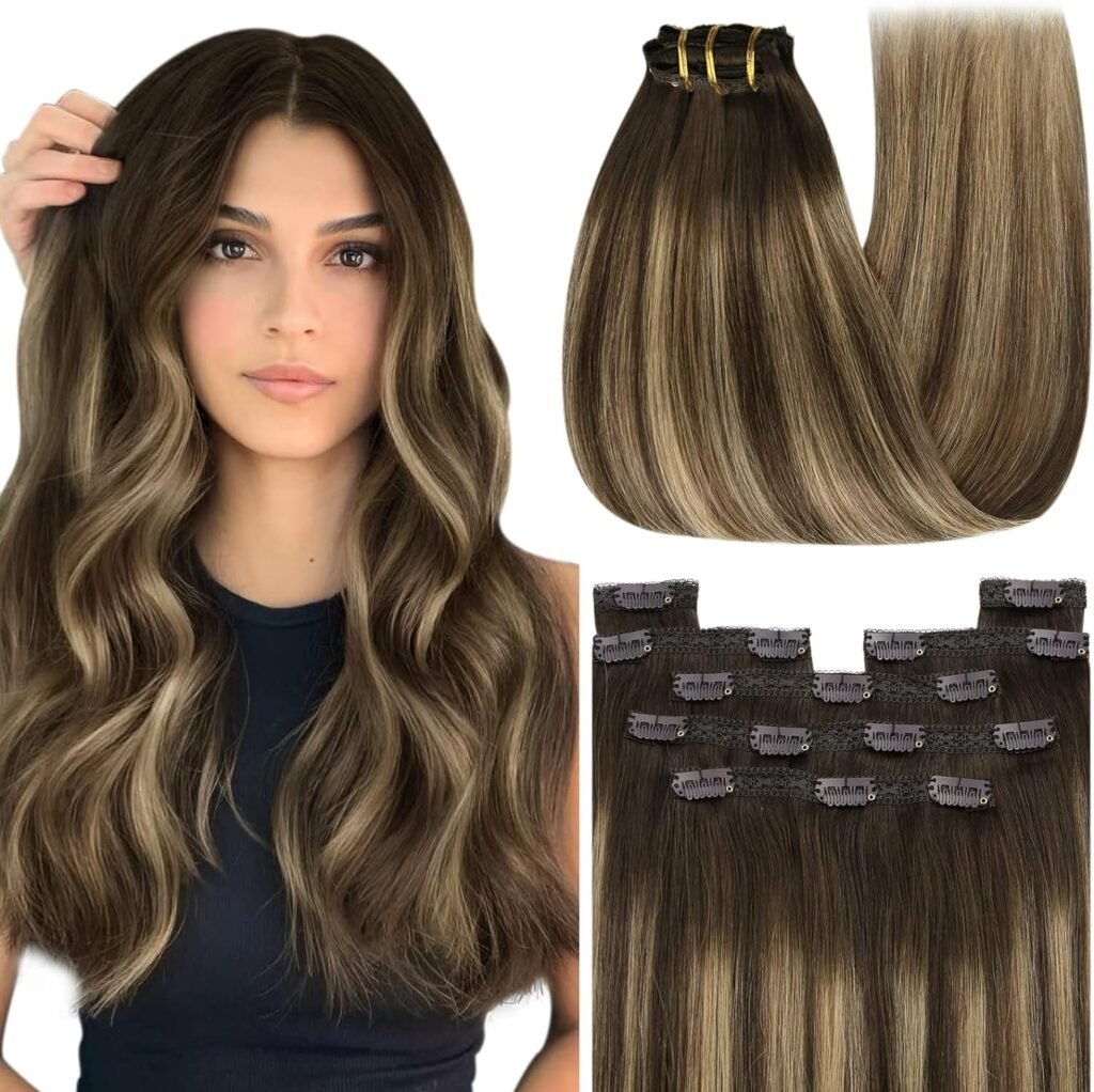 YoungSee Clip in Hair Extensions Balayage Brown Hair Extensions Clip ins Lace Clip in Hair Extensions Real Human Hair Balayage Chocolate Brown Mix Caramel Blonde Balayage 14Inch 120G