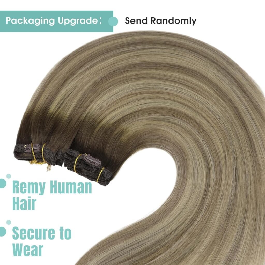 YoungSee Clip on Extensions Human Hair Brown Ombre Clip in Extensions Clip in Human Hair Extensions Dark Brown Ombre Light Brown with Blonde Clip on Real Human Hair Extensions 14Inch 7Pcs 120G