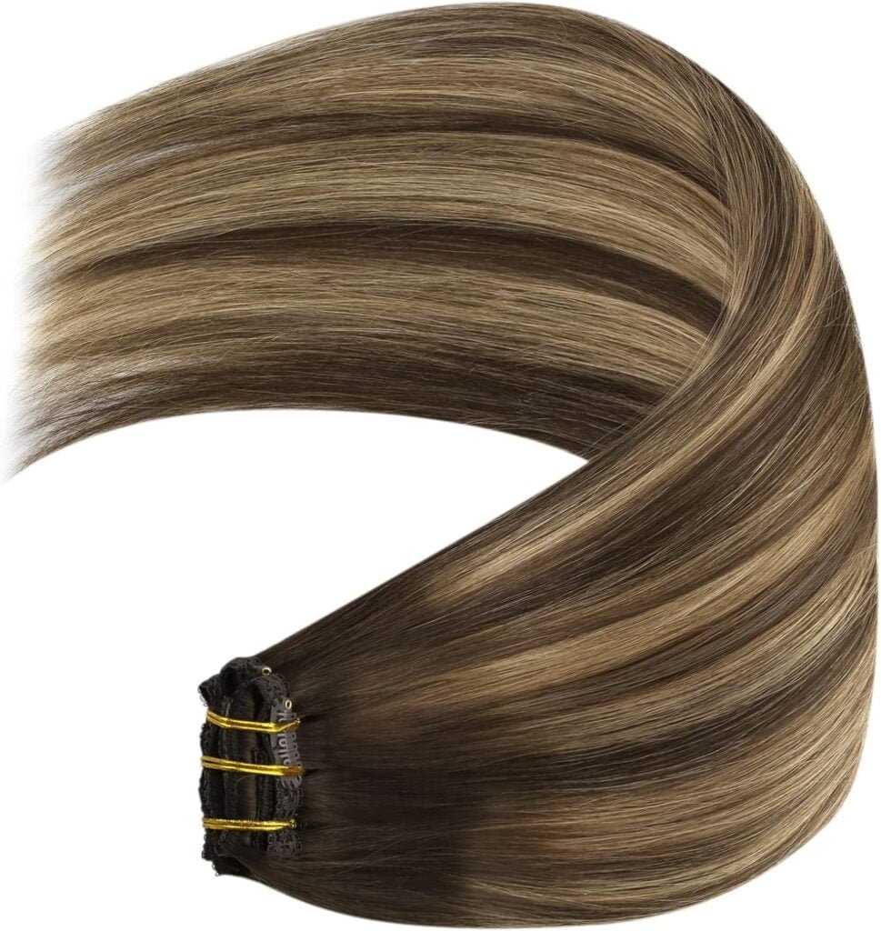 YoungSee Clip on Hair Extensions Balayage Clip in Extensions Human Hair Lace Clip in Human Hair Extensions Balayage Chocolate Brown Mix Caramel Blonde Balayage 22Inch 120G