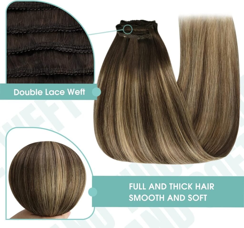 YoungSee Clip on Hair Extensions Balayage Clip in Extensions Human Hair Lace Clip in Human Hair Extensions Balayage Chocolate Brown Mix Caramel Blonde Balayage 22Inch 120G