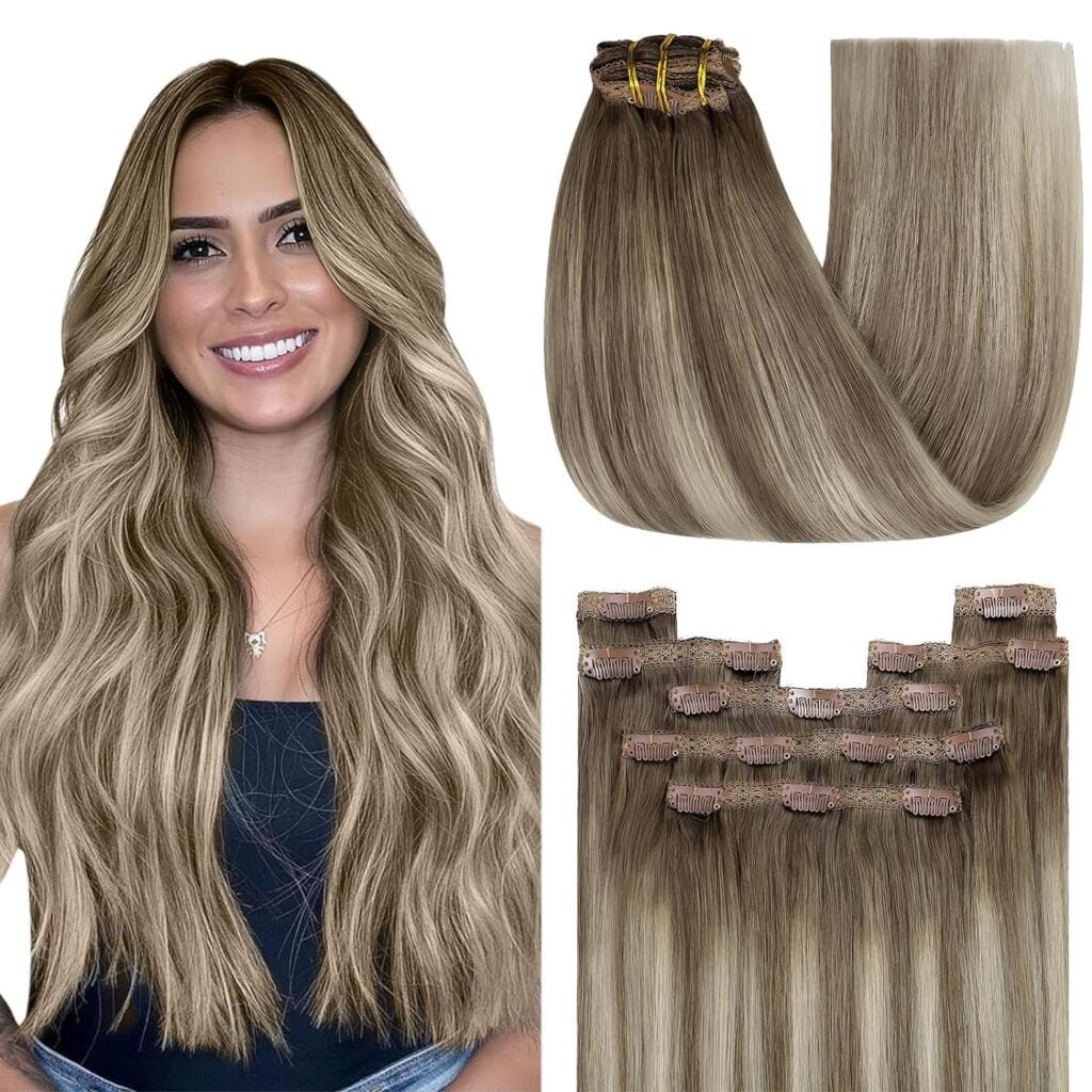 YoungSee Clip on Hair Extensions Brown Ombre Clip in Real Hair Extensions Dark Brown Ombre Light Brown with Blonde Clip in Remy Human Hair Extensions Hair Extensions Clip ins 120G 16Inch