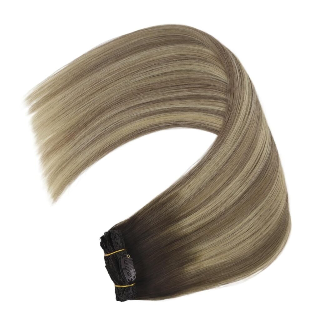 YoungSee Clip on Hair Extensions Brown Ombre Clip in Real Hair Extensions Dark Brown Ombre Light Brown with Blonde Clip in Remy Human Hair Extensions Hair Extensions Clip ins 120G 16Inch