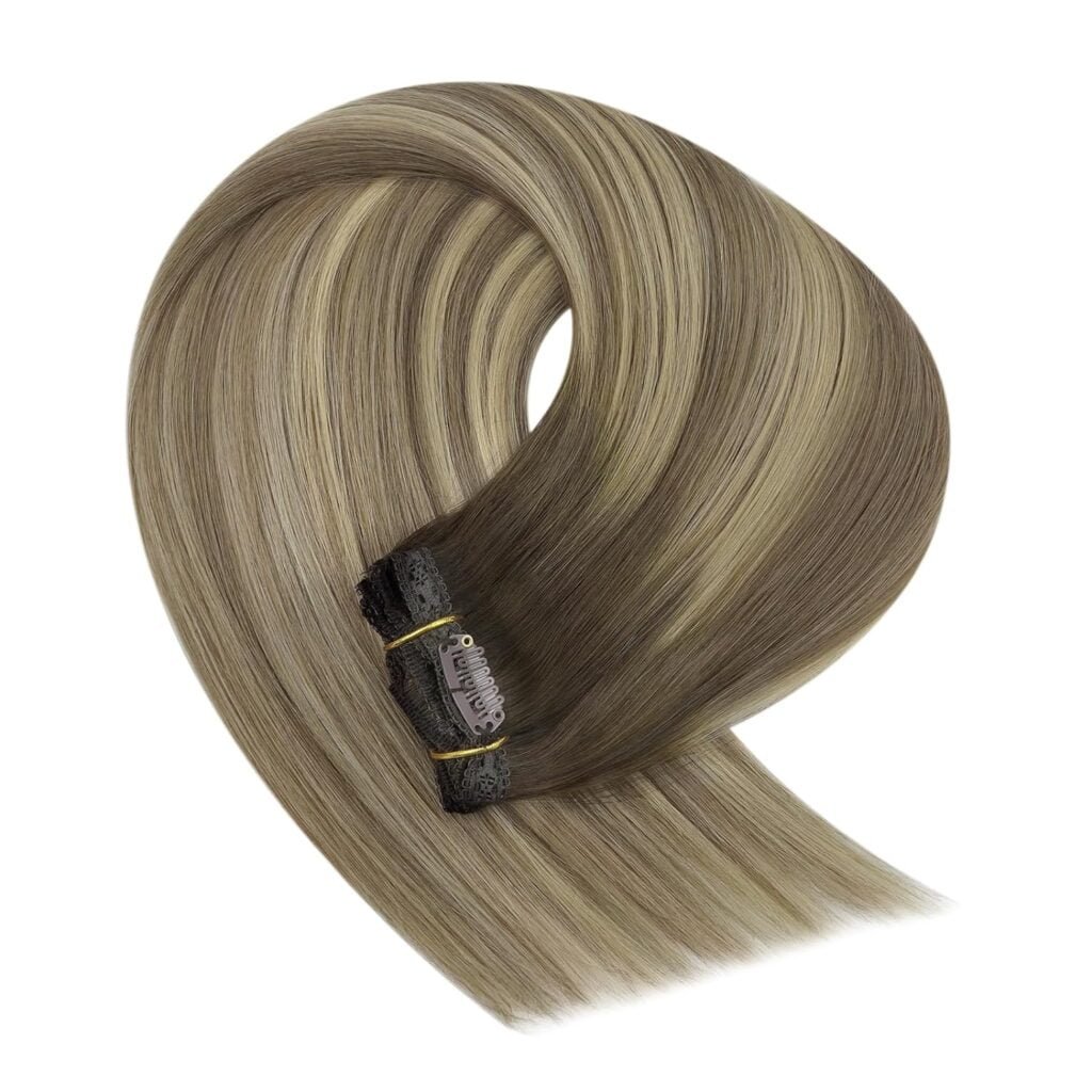 YoungSee Clip on Hair Extensions Brown Ombre Clip in Real Hair Extensions Dark Brown Ombre Light Brown with Blonde Clip in Remy Human Hair Extensions Hair Extensions Clip ins 120G 16Inch