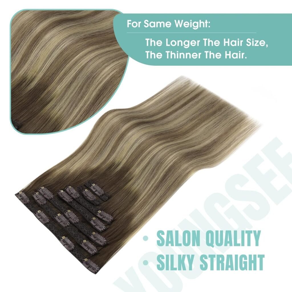 YoungSee Clip on Hair Extensions Brown Ombre Clip in Real Hair Extensions Dark Brown Ombre Light Brown with Blonde Clip in Remy Human Hair Extensions Hair Extensions Clip ins 120G 16Inch