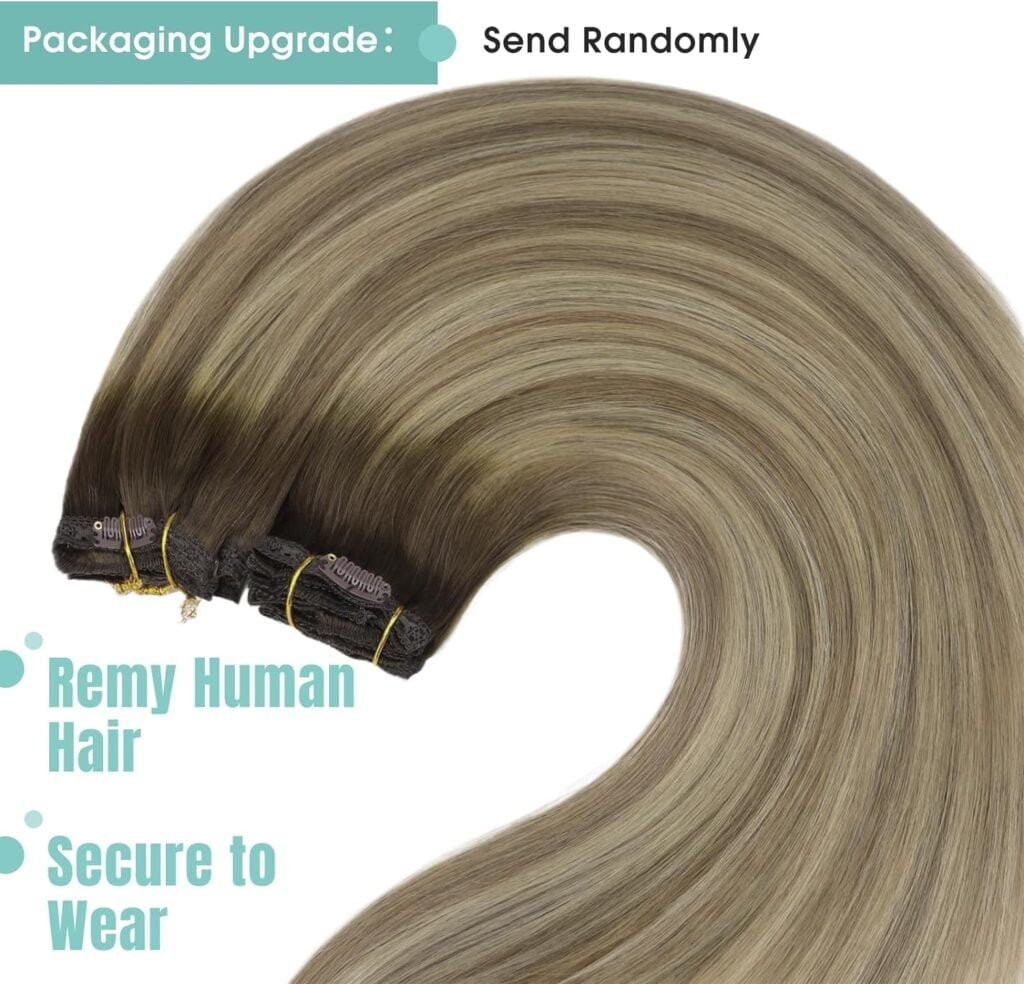 YoungSee Clip on Hair Extensions Real Human Hair Brown Ombre Clip in Real Hair Extensions Human Hair Extensions Clip Dark Brown Ombre Light Brown with Blonde Hair Extensions Clip in 22Inch 120G 7Pcs