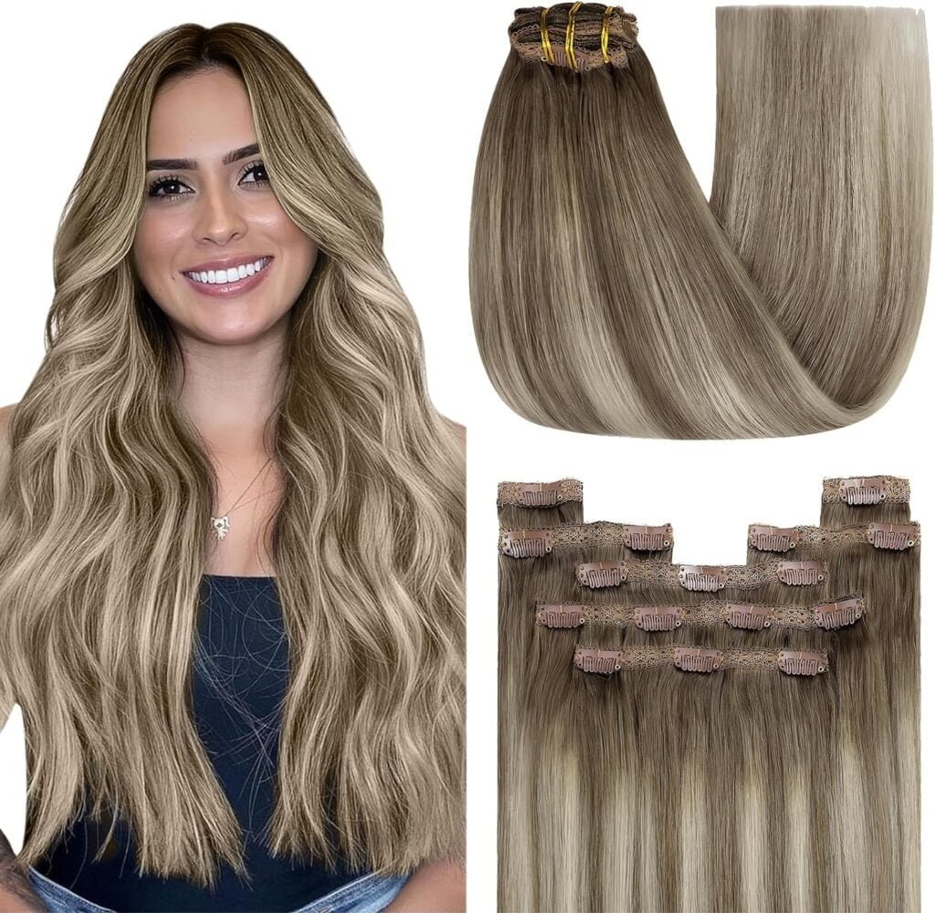 YoungSee Clip on Hair Extensions Real Human Hair Brown Ombre Clip in Real Hair Extensions Human Hair Extensions Clip Dark Brown Ombre Light Brown with Blonde Hair Extensions Clip in 22Inch 120G 7Pcs