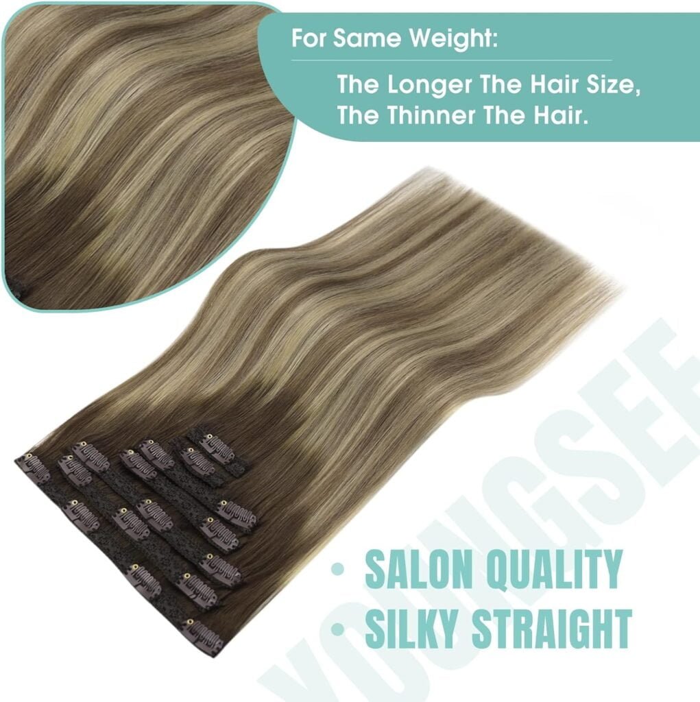 YoungSee Clip on Hair Extensions Real Human Hair Brown Ombre Clip in Real Hair Extensions Human Hair Extensions Clip Dark Brown Ombre Light Brown with Blonde Hair Extensions Clip in 22Inch 120G 7Pcs