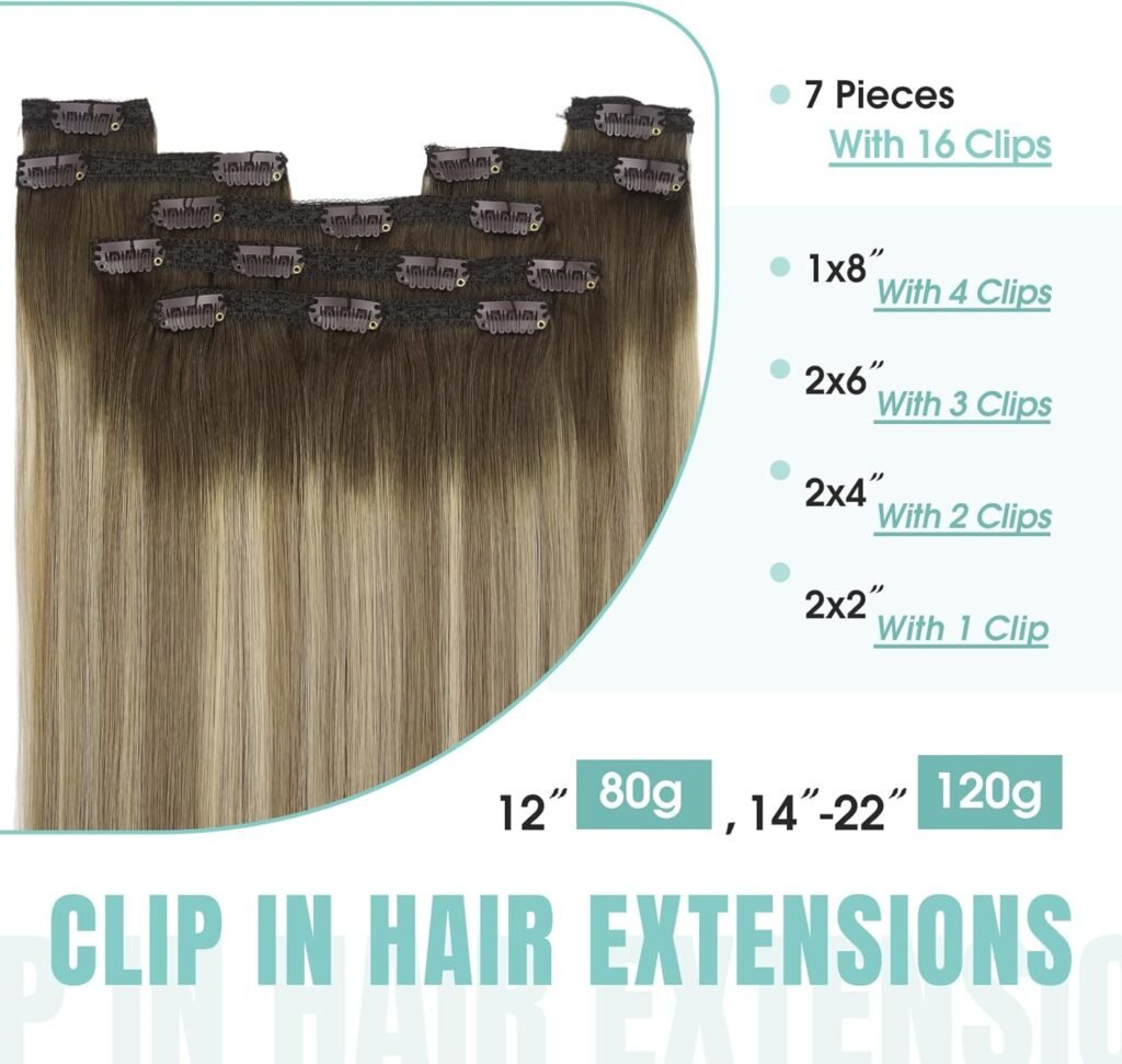YoungSee Clip on Hair Extensions Real Human Hair Brown Ombre Clip in Real Hair Extensions Human Hair Extensions Clip Dark Brown Ombre Light Brown with Blonde Hair Extensions Clip in 22Inch 120G 7Pcs
