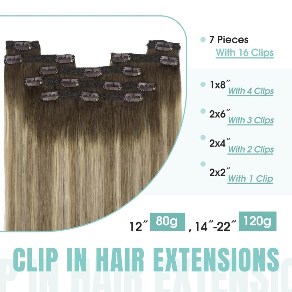 YoungSee Clip on Human Hair Extensions Brown Ombre Clip in Extensions Human Hair Dark Brown Ombre Light Brown with Blonde Remy Real Hair Extensions Clip in Human Hair 20Inch 120G 7Pcs