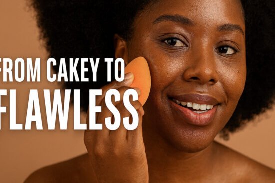 African American woman applying foundation on textured skin for smooth finish.