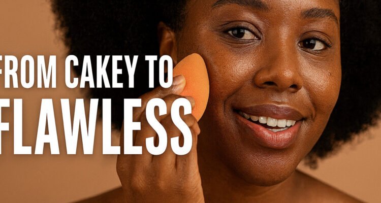 African American woman applying foundation on textured skin for smooth finish.