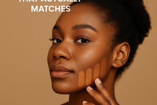 Foundation shade swatches on jawline in natural daylight