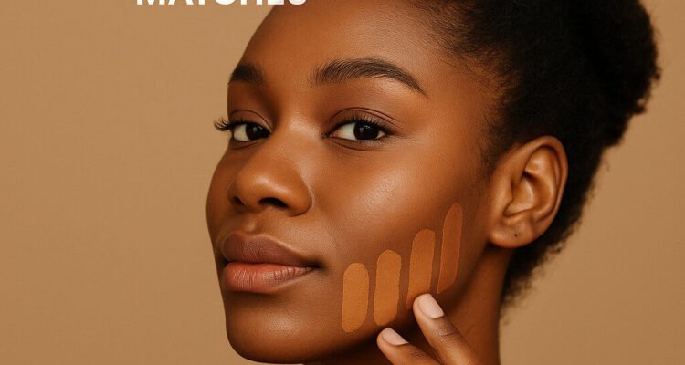 Foundation shade swatches on jawline in natural daylight
