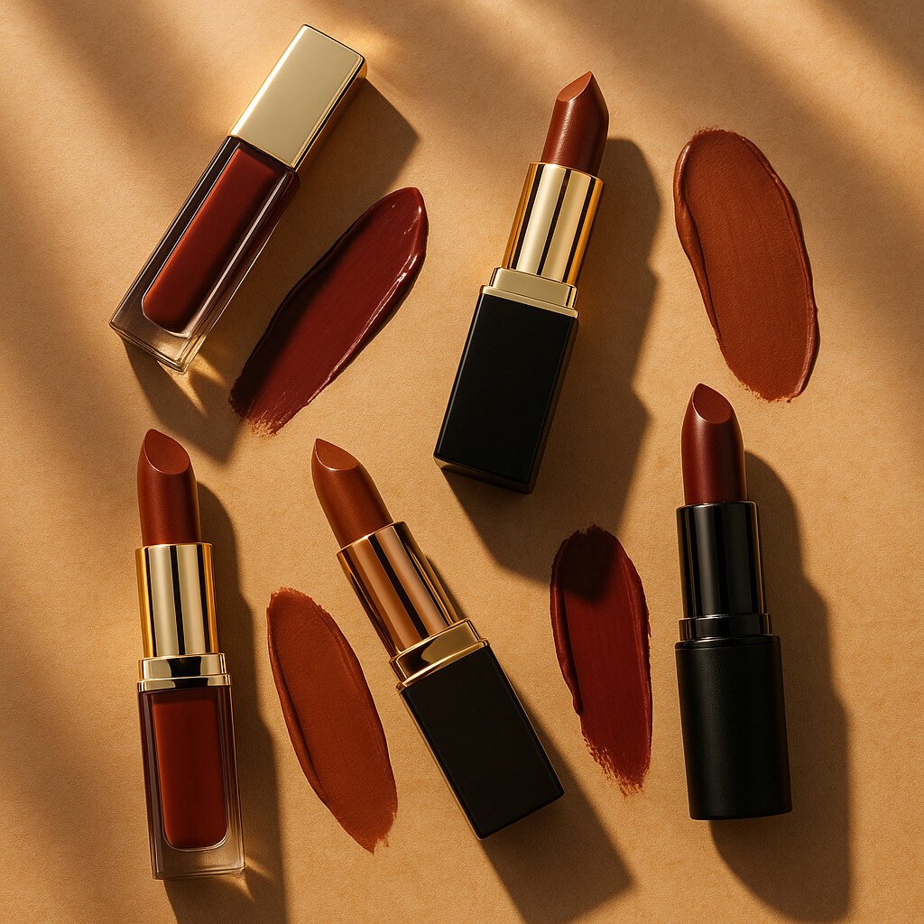 Elegant flat lay of luxury lipsticks for deep skin tones in natural light
