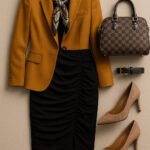 Ochre blazer over black ruched pencil skirt with taupe suede pumps, snake-print scarf, gold watch, and checkered satchel