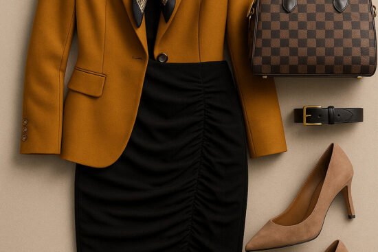 Ochre blazer over black ruched pencil skirt with taupe suede pumps, snake-print scarf, gold watch, and checkered satchel