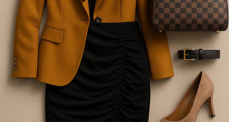 Ochre blazer over black ruched pencil skirt with taupe suede pumps, snake-print scarf, gold watch, and checkered satchel