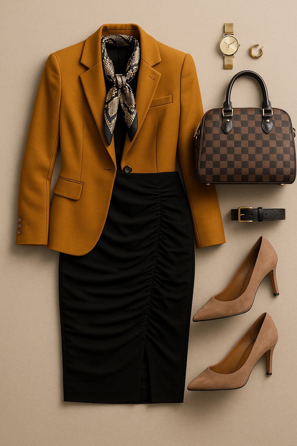 Ochre blazer over black ruched pencil skirt with taupe suede pumps, snake-print scarf, gold watch, and checkered satchel