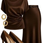 Chocolate brown monochrome outfit with mock-neck satin top, satin midi skirt, suede pumps and gold hoops
