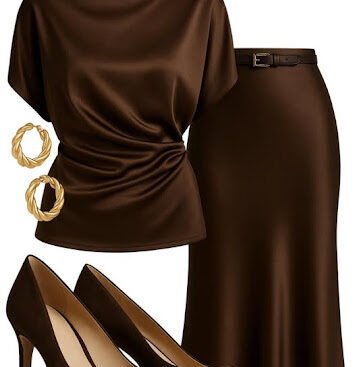 Chocolate brown monochrome outfit with mock-neck satin top, satin midi skirt, suede pumps and gold hoops