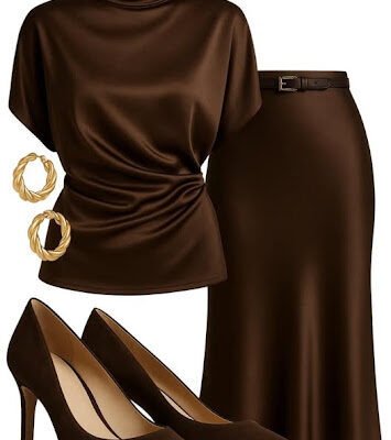 Chocolate brown monochrome outfit with mock-neck satin top, satin midi skirt, suede pumps and gold hoops