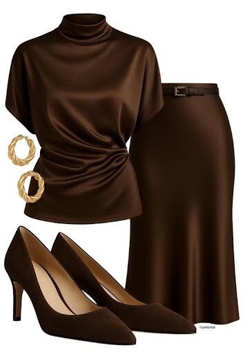 Chocolate brown monochrome outfit with mock-neck satin top, satin midi skirt, suede pumps and gold hoops