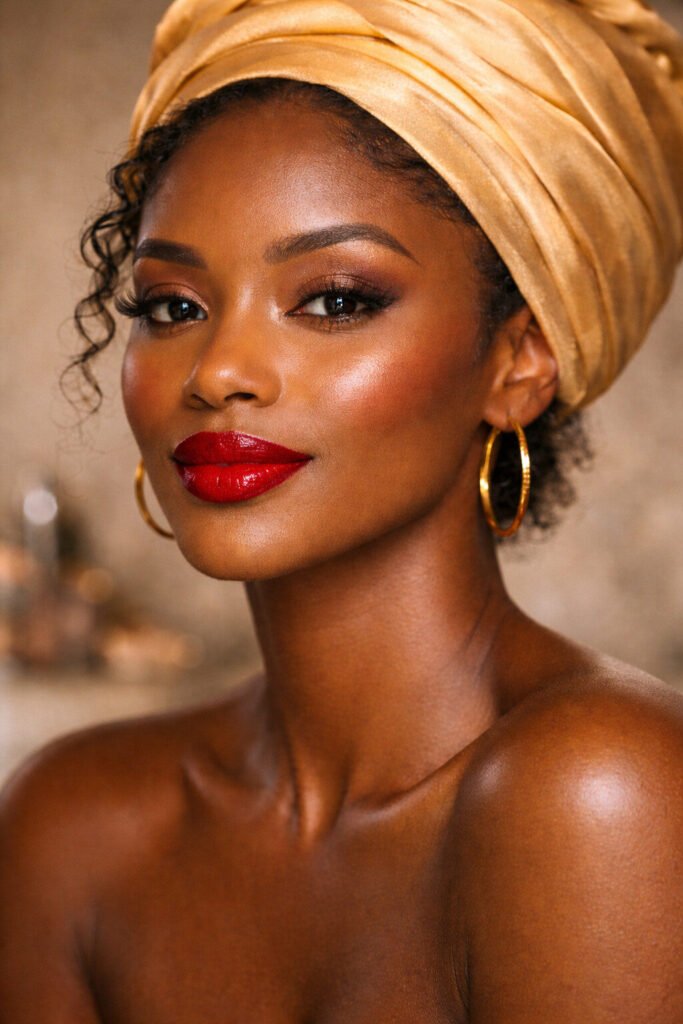 Black woman wearing bold lipstick with smooth lips