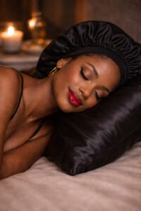Black woman wearing satin bonnet at night