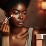 Black woman applying color corrector under eyes with flawless melanin-rich skin