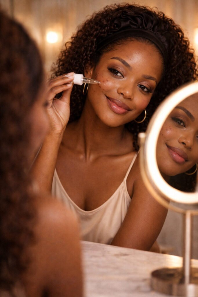 Black woman applying serum while smiling in mirror, acne-care routine