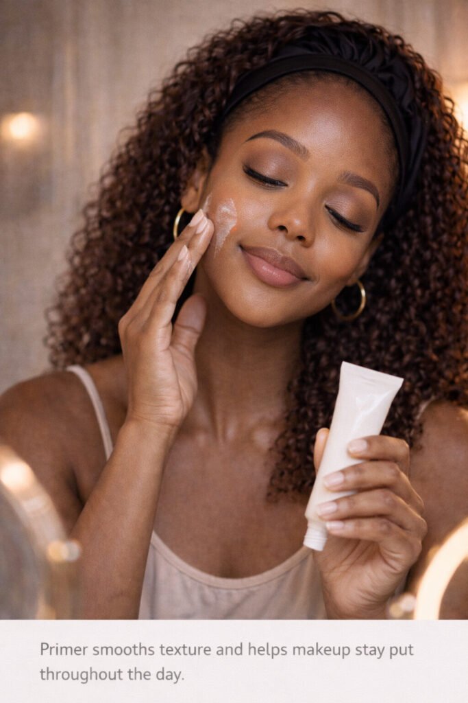 Black woman applying face primer for smooth base