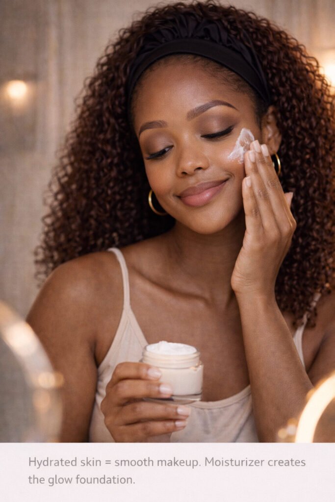 Black woman applying moisturizer to glowing skin