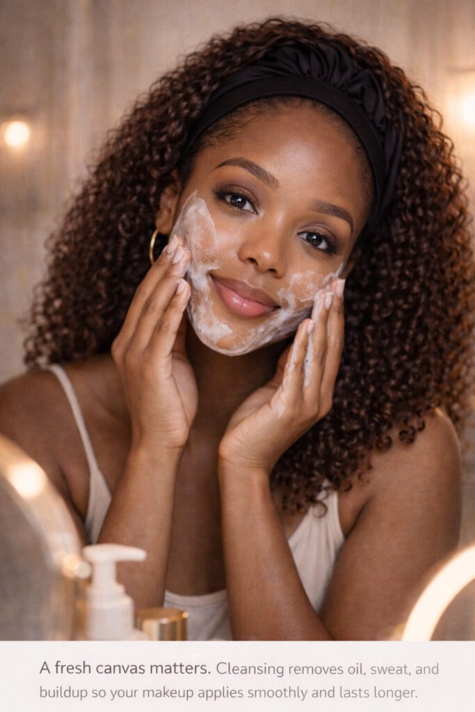 Black woman cleansing face with gentle facial cleanser